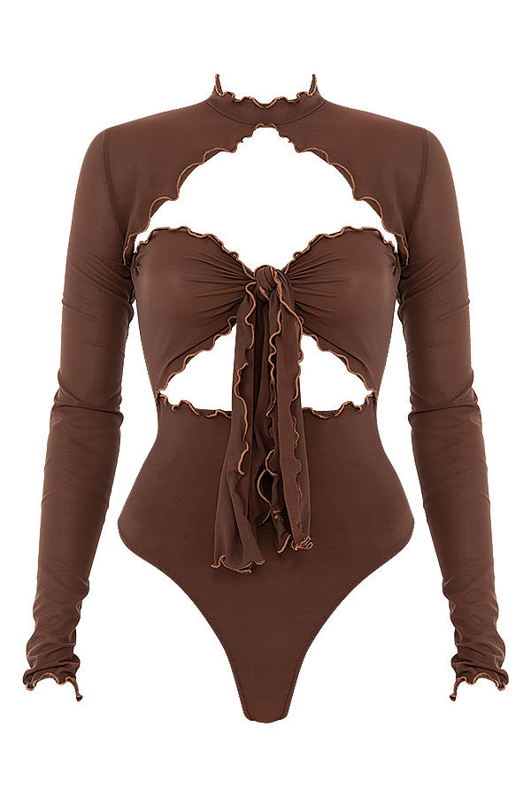 Långärmad bodysuit i mesh med knytband fram