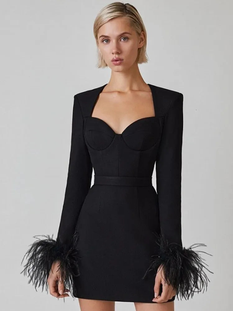 Elegant klänning med lång ärm och fjädrar