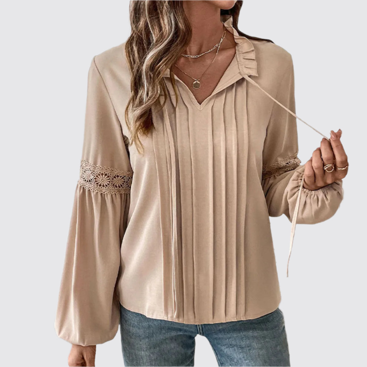 V-ringad kaki blus med dragsko