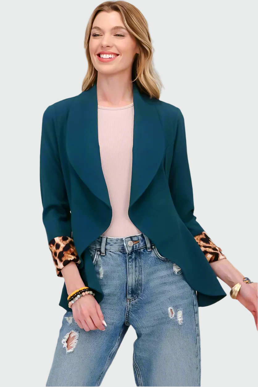 Celeste rullad leopardkavaj med öppen front