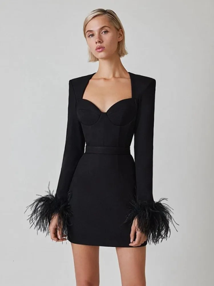 Elegant klänning med lång ärm och fjädrar