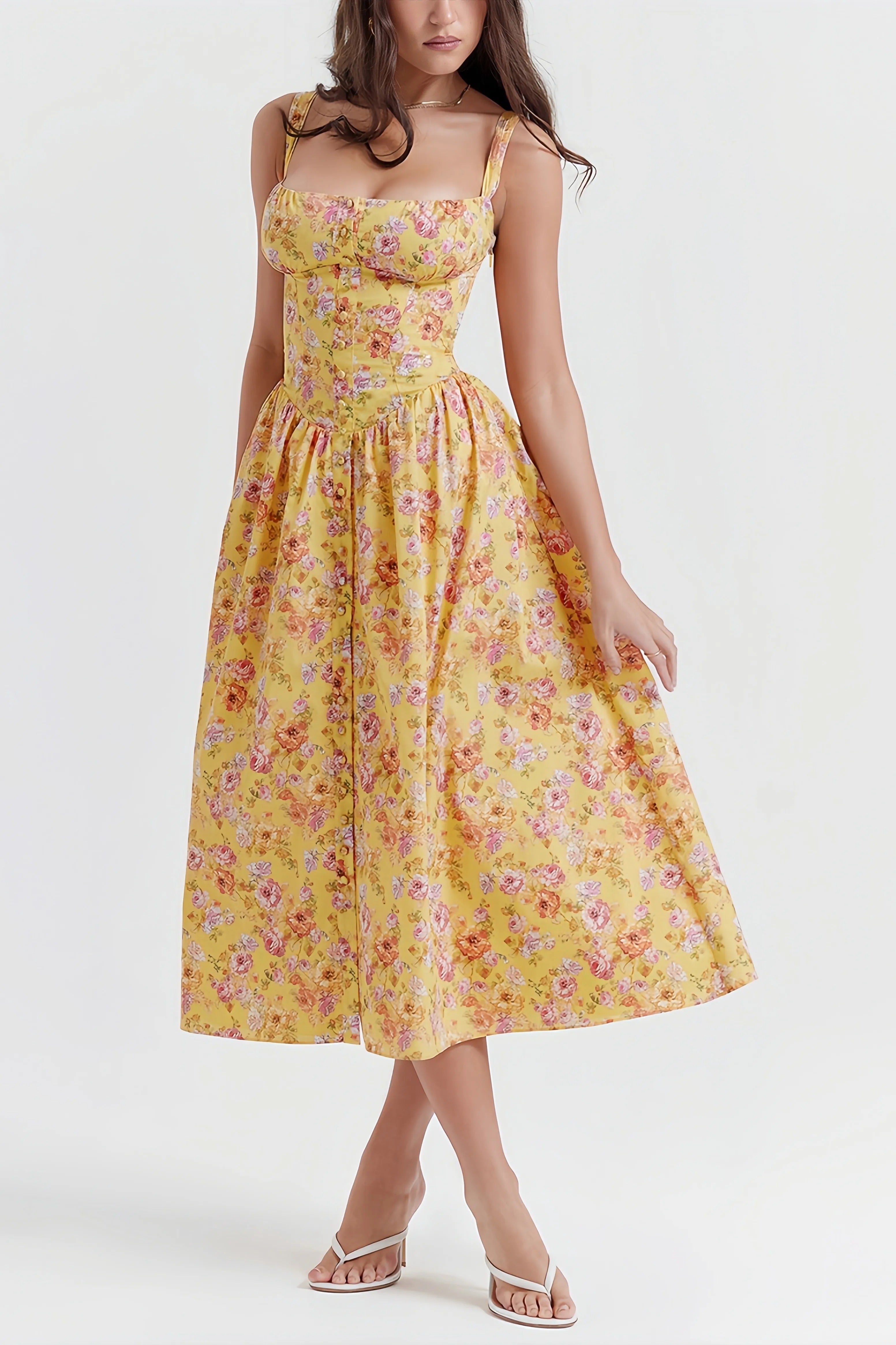 Rali elegant gul blommig midiklänning