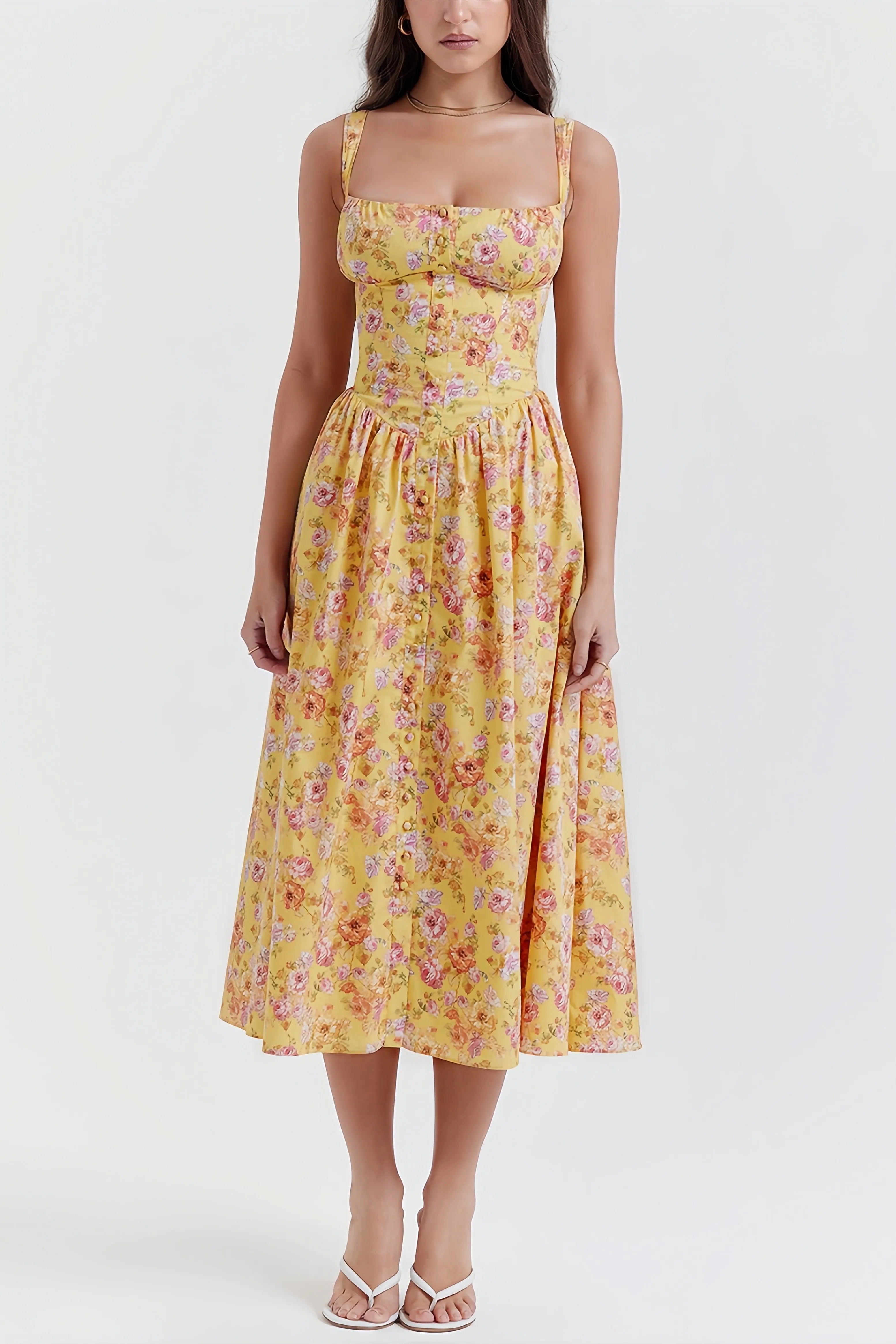 Rali elegant gul blommig midiklänning