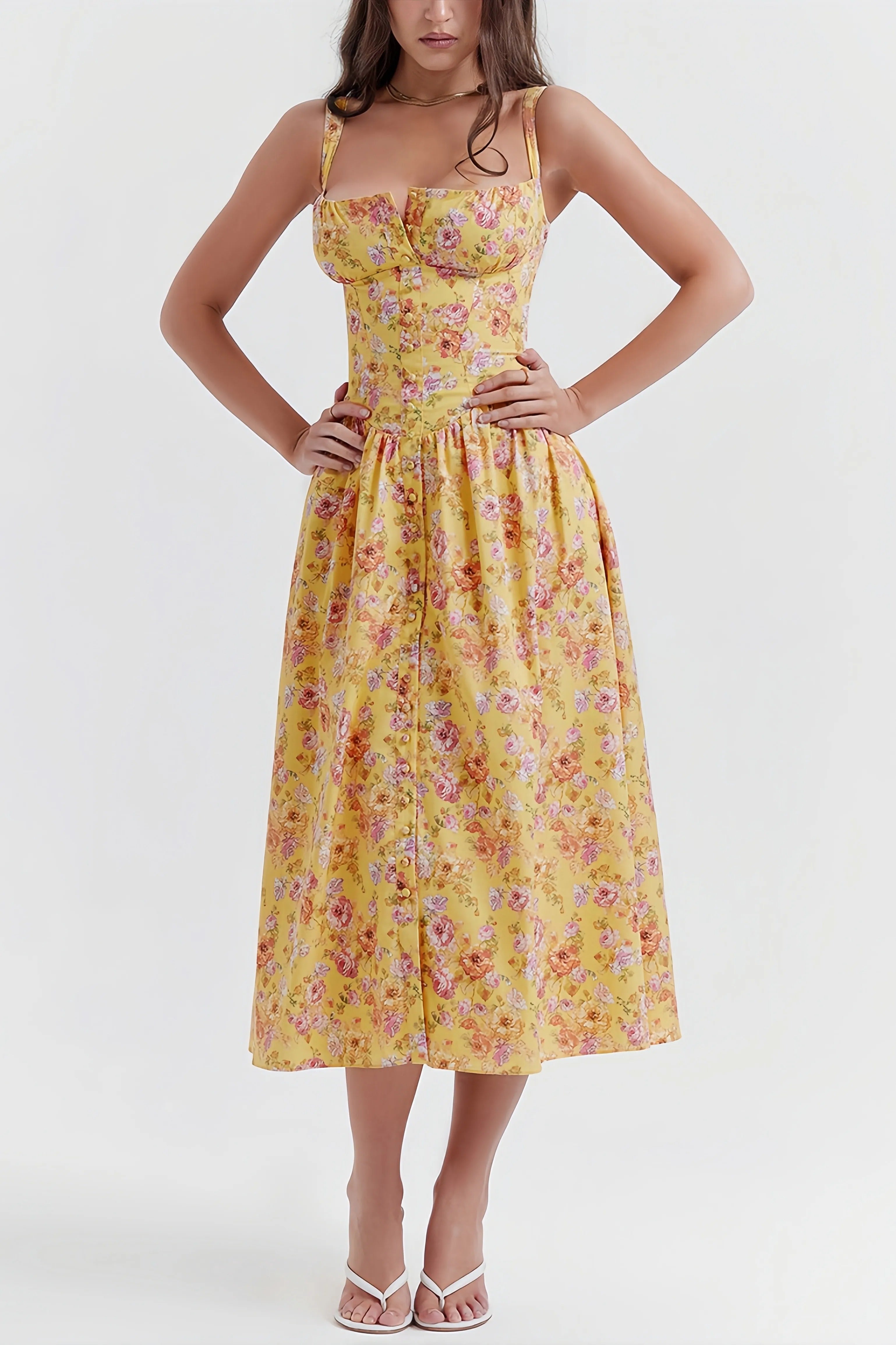 Rali elegant gul blommig midiklänning