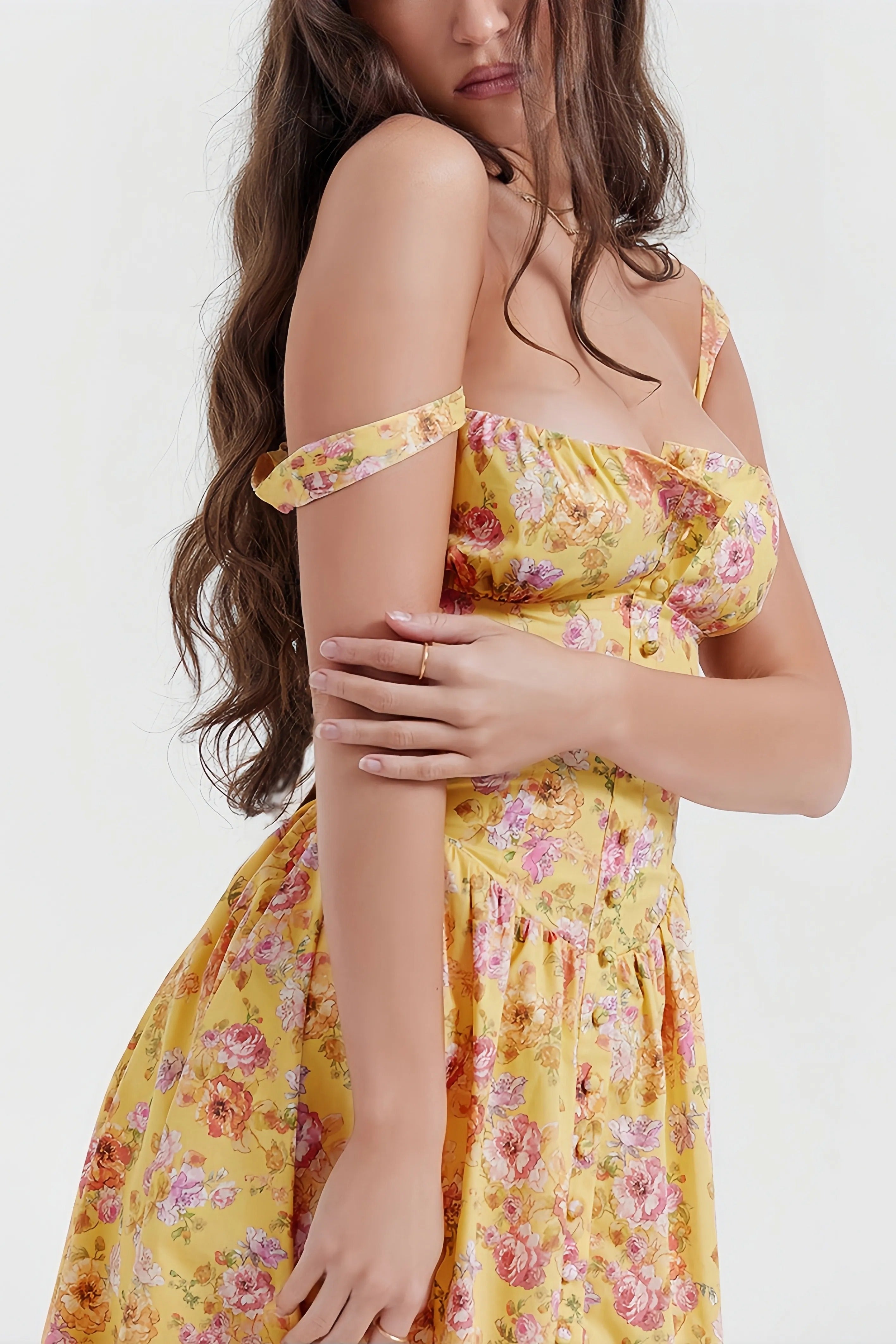 Rali elegant gul blommig midiklänning
