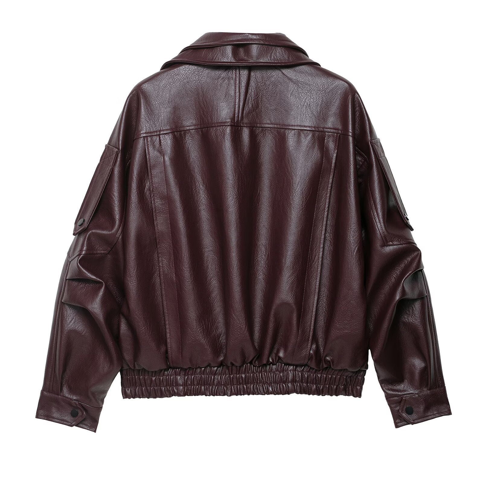 Kyra jacka tillverkad av eko-läder, mörk körsbärsfärgad, med retro-look