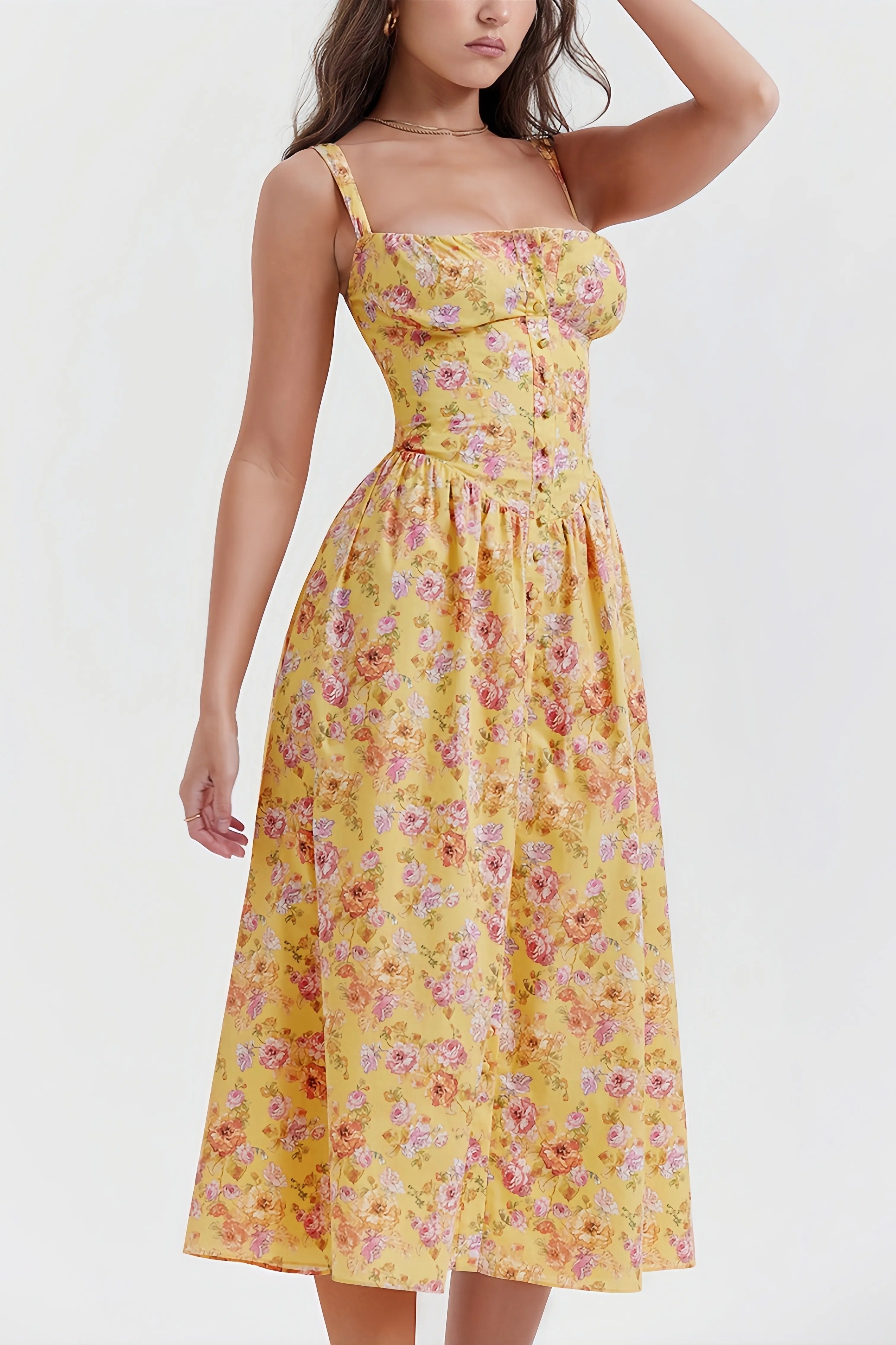 Rali elegant gul blommig midiklänning