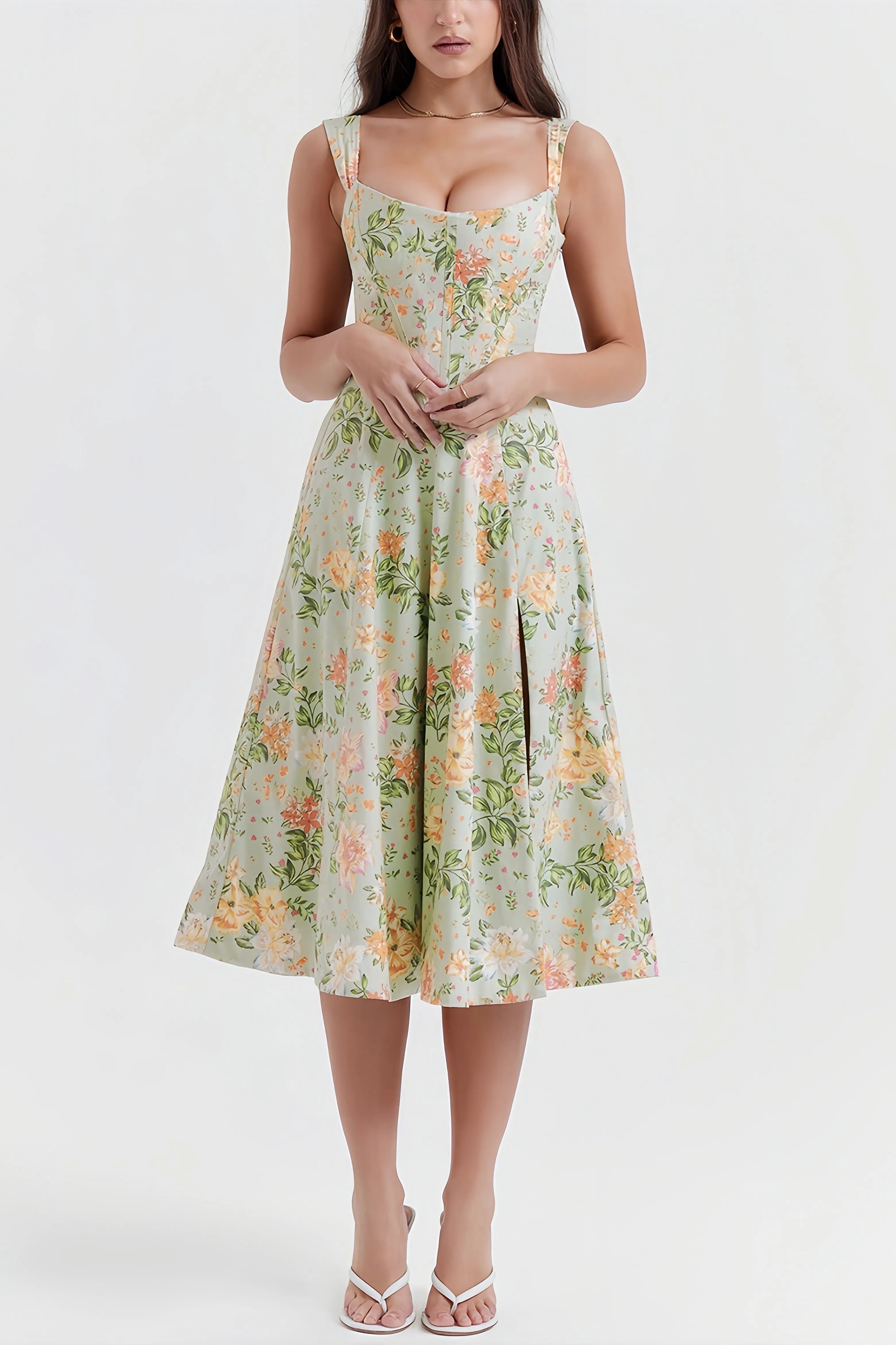 Selia grön blommig midiklänning med slits