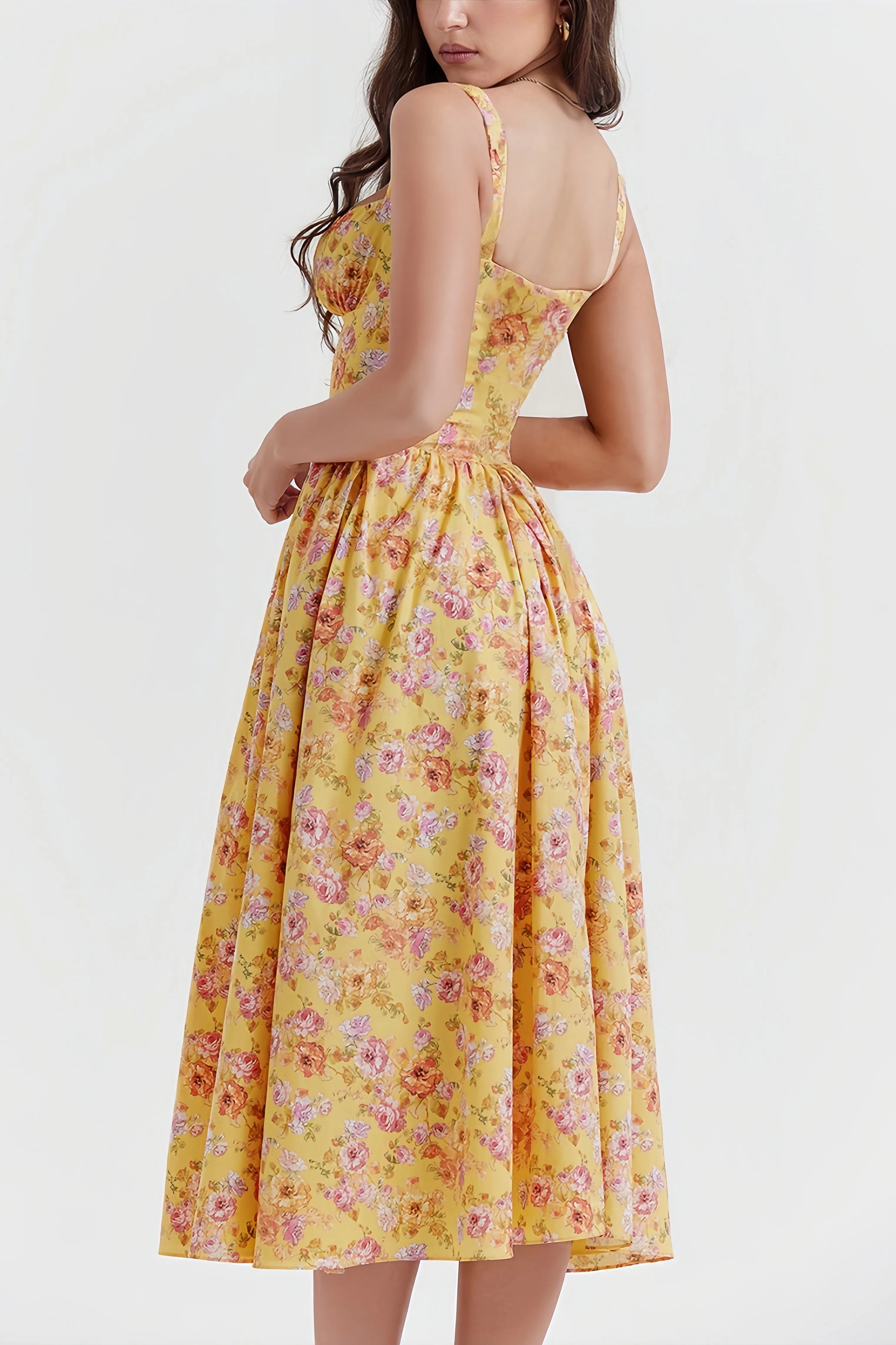 Rali elegant gul blommig midiklänning