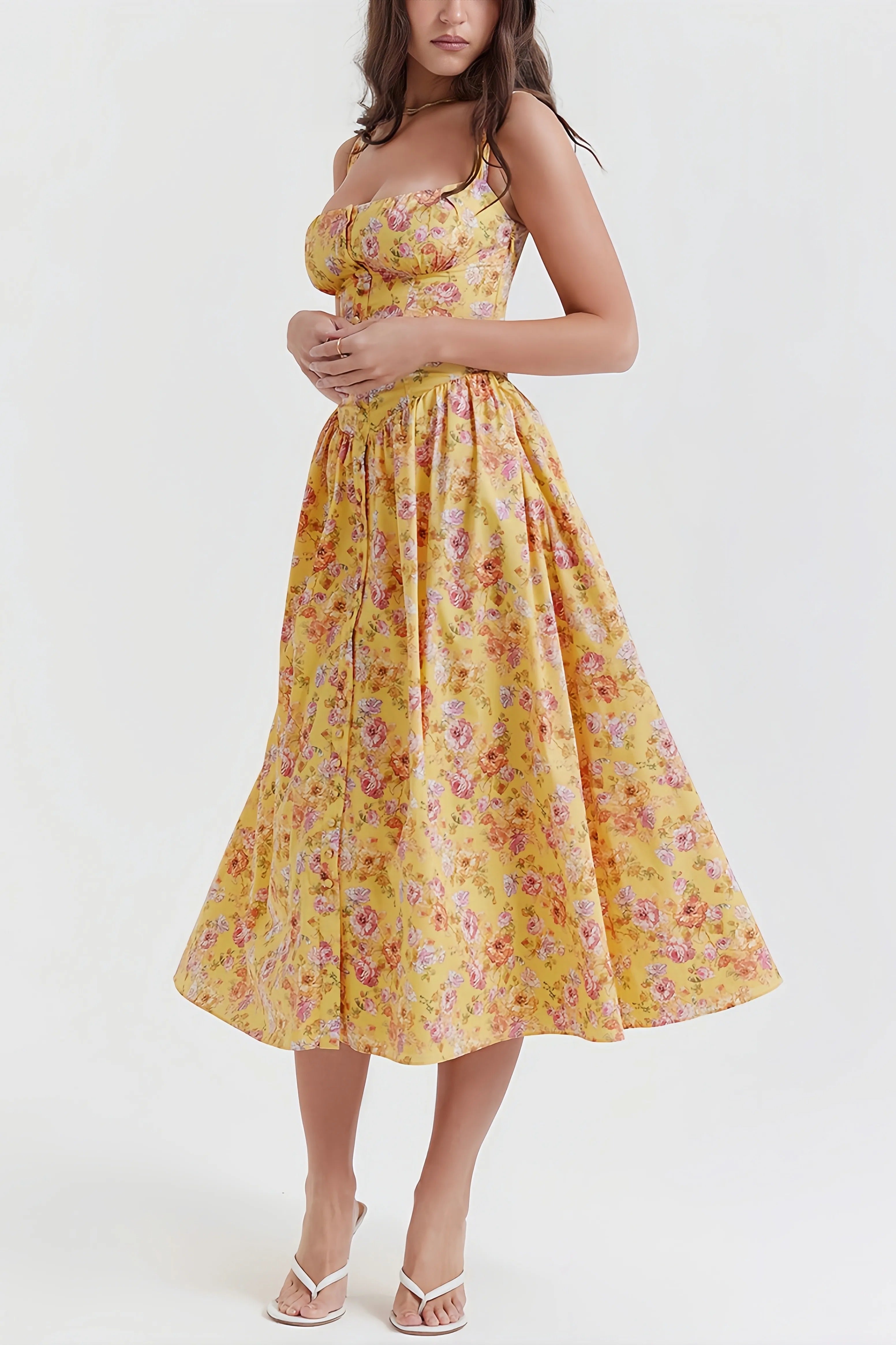 Rali elegant gul blommig midiklänning