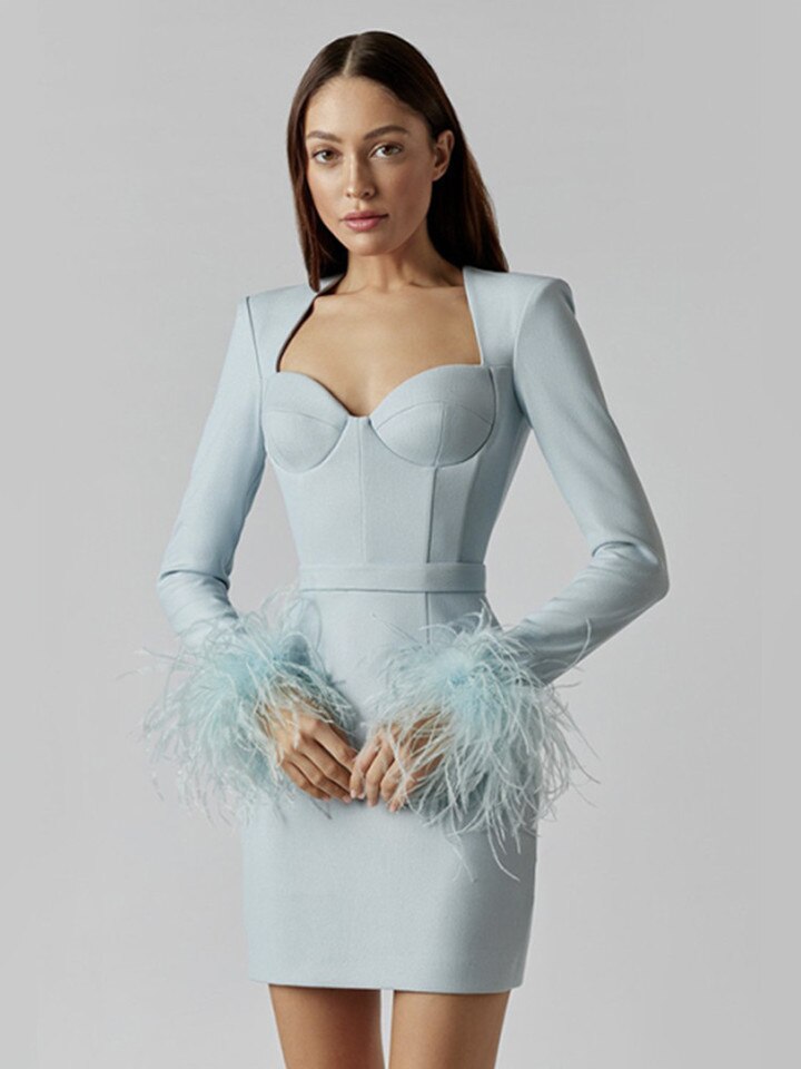 Elegant klänning med lång ärm och fjädrar