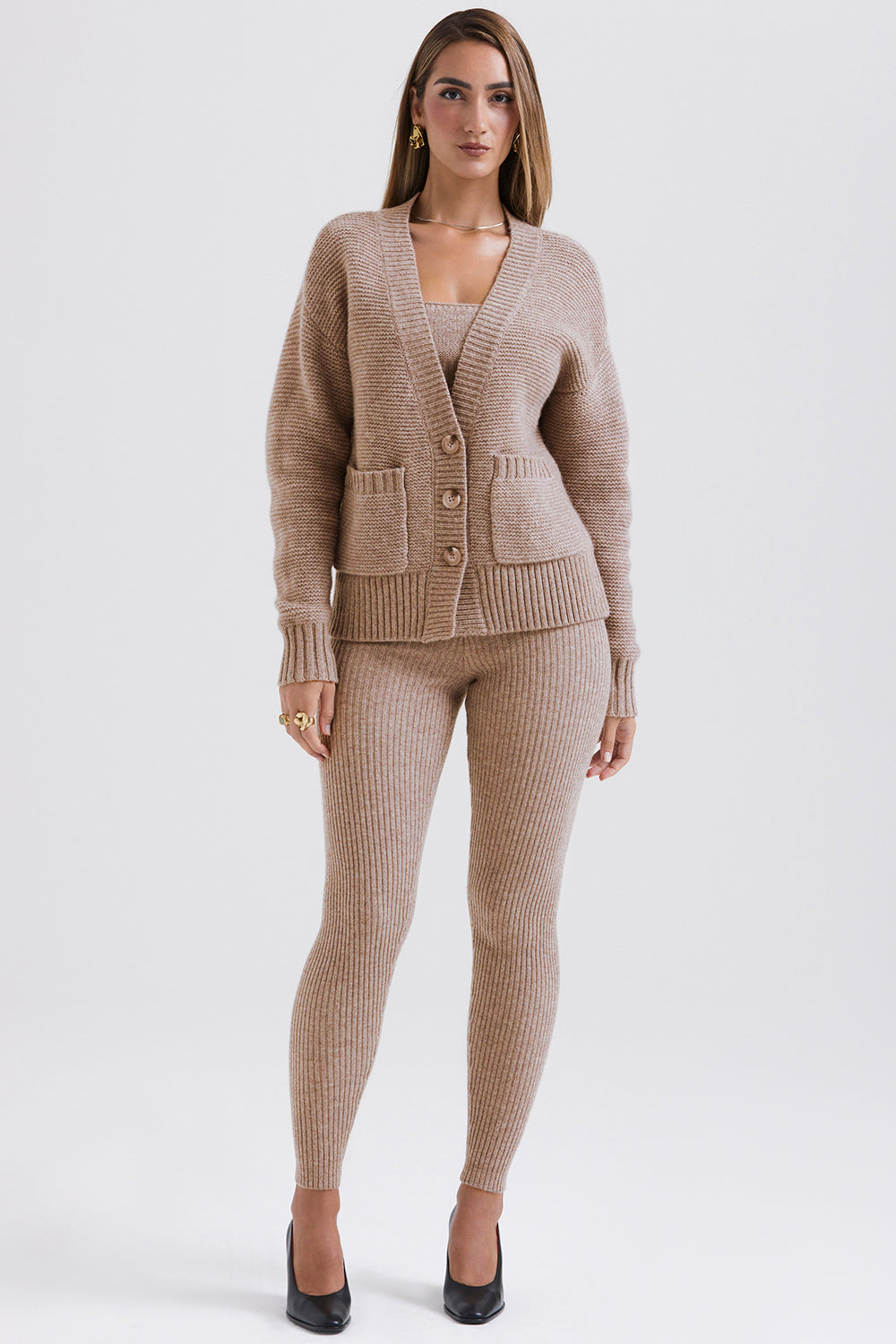 Stickad mjuk cardigan med bralette och leggings