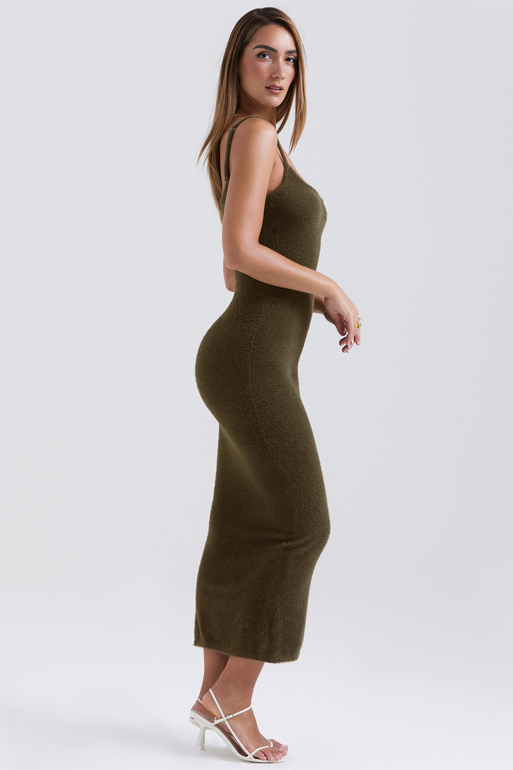 Khaki mjuk fluffig stickad maxiklänning