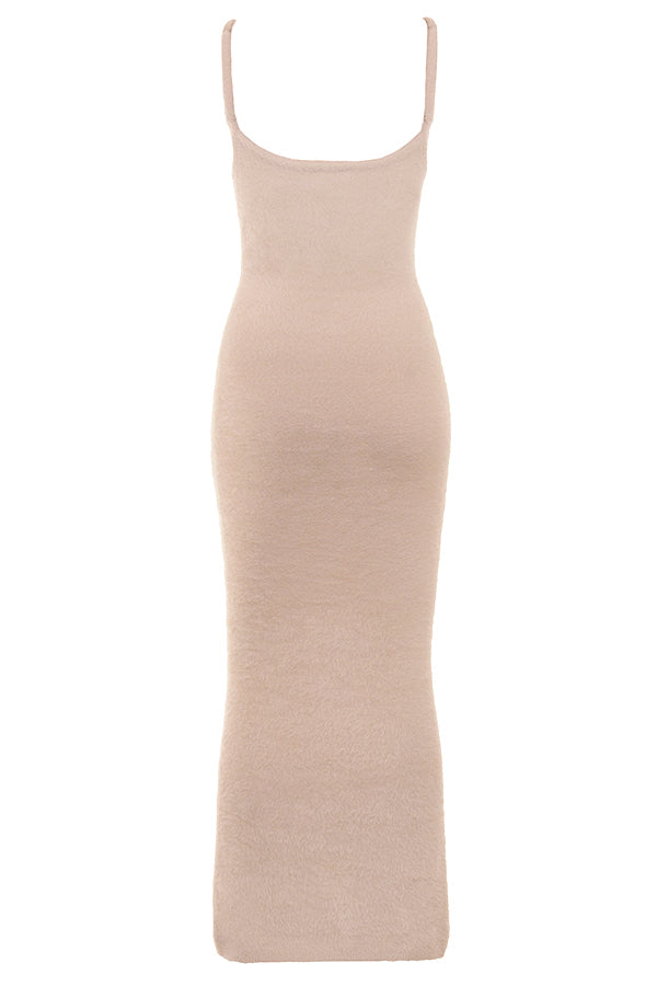 Khaki mjuk fluffig stickad maxiklänning