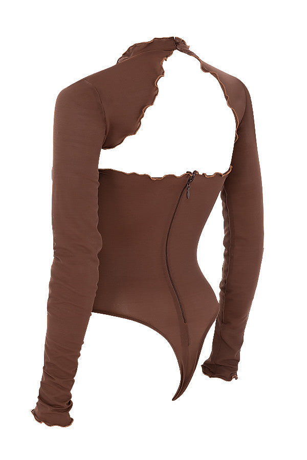 Långärmad bodysuit i mesh med knytband fram
