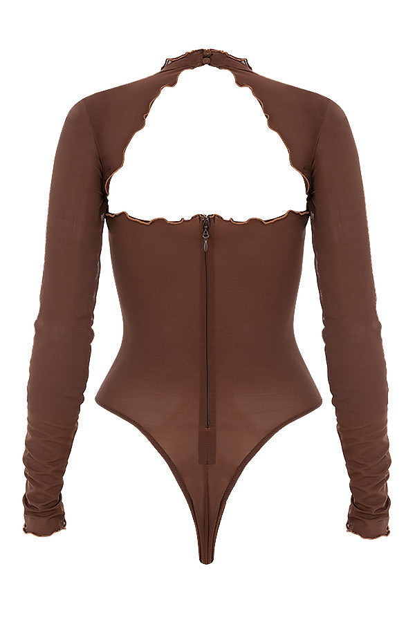 Långärmad bodysuit i mesh med knytband fram