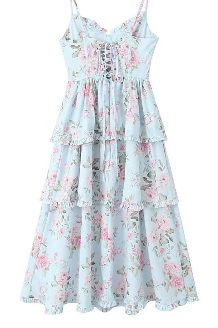 Vintageblommig midiklänning med V-ringning och volang