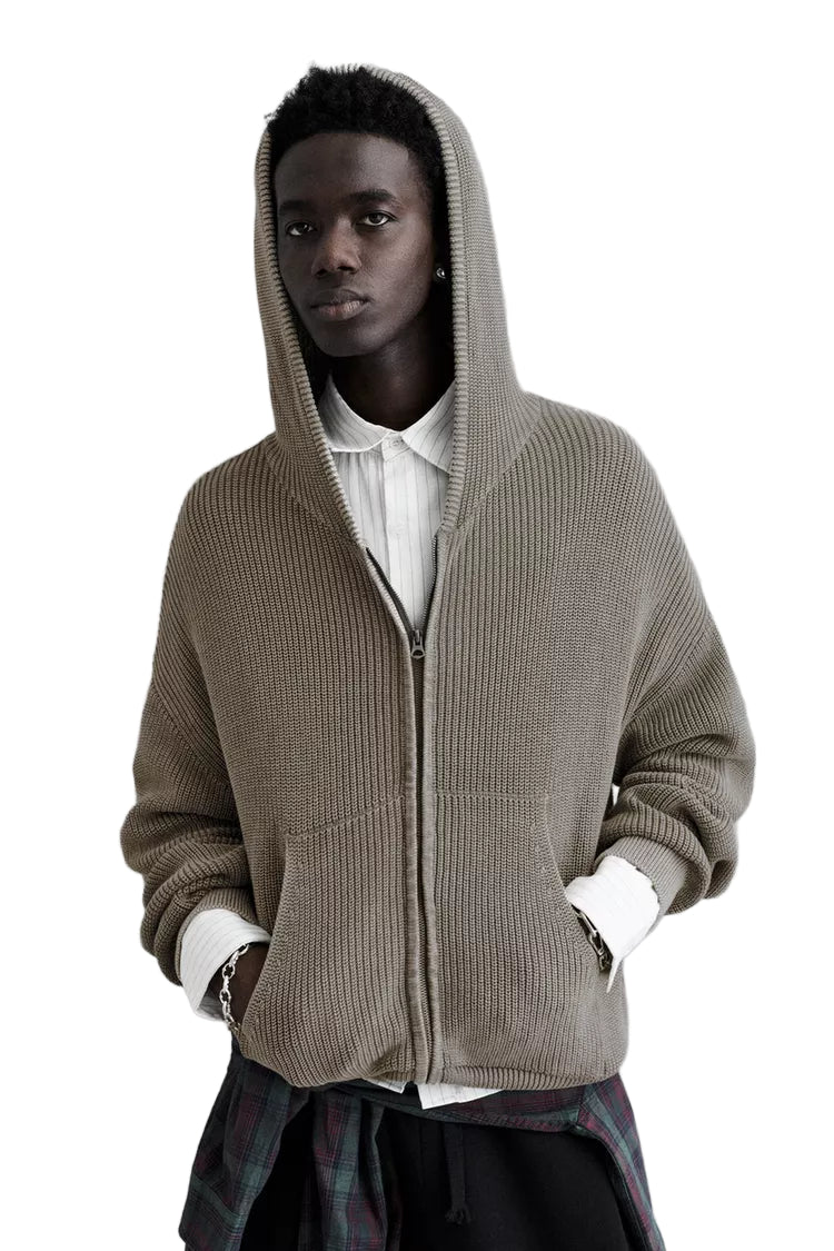 Miriam brun stickad jacka med huva och dragkedja