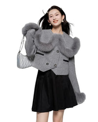 MEELY kort ullkappa med hög midja och slag i rävpäls