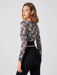 Blommönstrad långärmad mesh-T-shirt