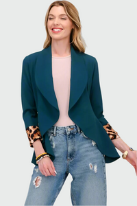 Celeste rullad leopardkavaj med öppen front