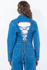Croppad denimjacka med snörning bak