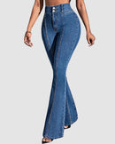 Högmidjade, elastiska utsvängda jeans med sömmar fram och bak