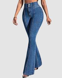 Högmidjade, elastiska utsvängda jeans med sömmar fram och bak