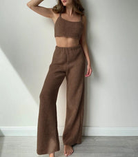Brunt 3-delat set med utsvängda byxor och topp