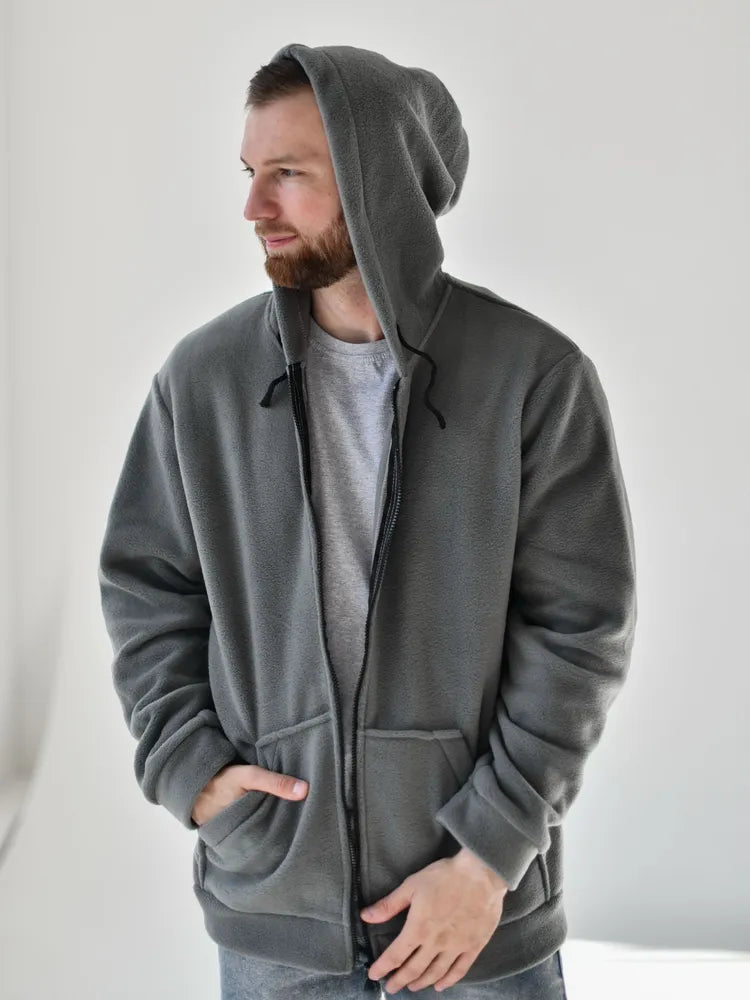 Grå Stil-jacka, med fleece inuti, dragkedja och fickor