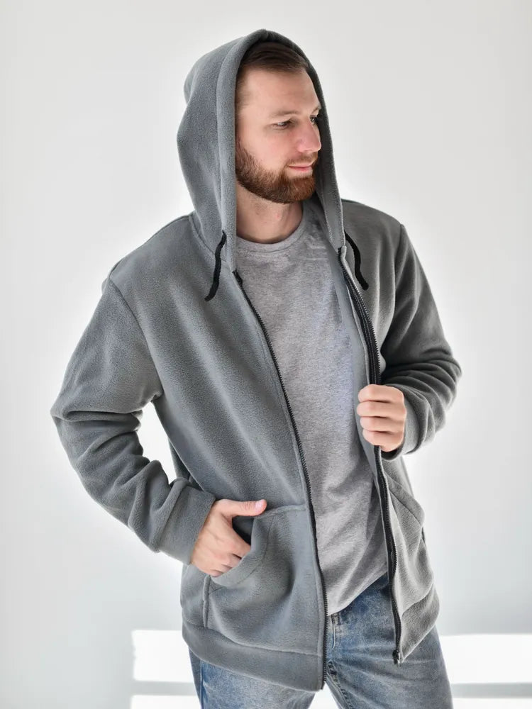Grå Stil-jacka, med fleece inuti, dragkedja och fickor
