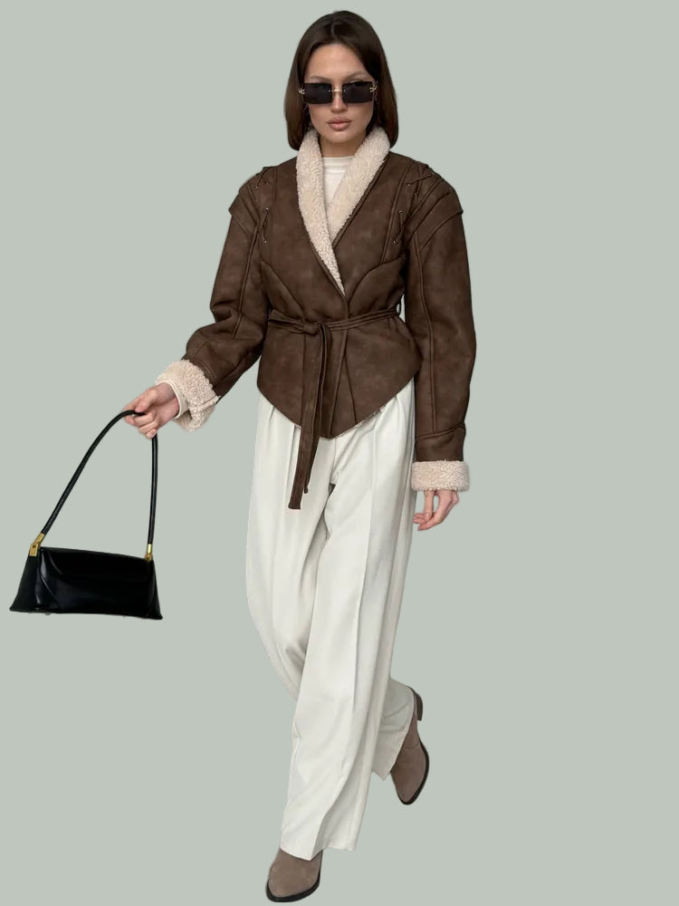 Brun eko-läderjacka med pälskrage och bälte i midjan