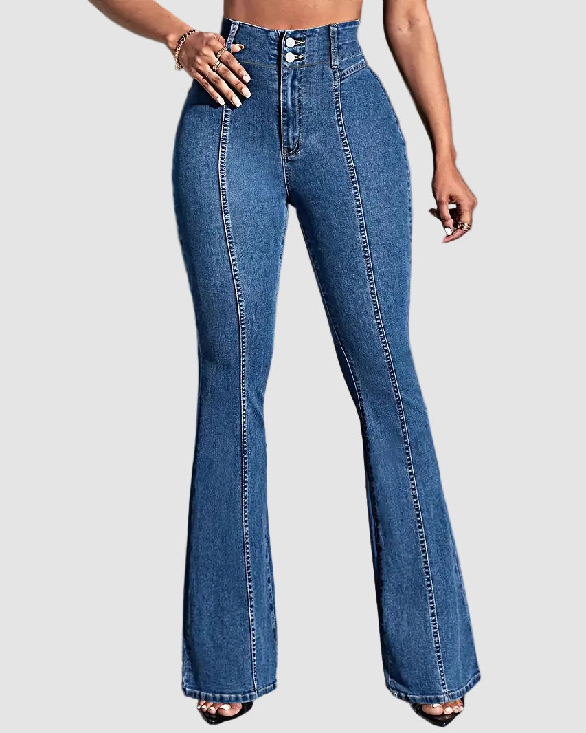 Högmidjade, elastiska utsvängda jeans med sömmar fram och bak