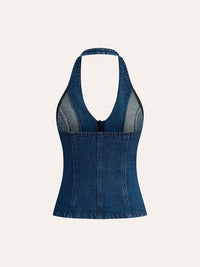 Denimtopp med halterneck-knutdetalj