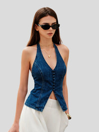 Denimtopp med halterneck-knutdetalj
