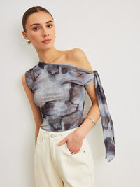 Draperad topp med asymmetrisk halsringning och mesh