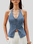 Denimtopp med halterneck-knutdetalj