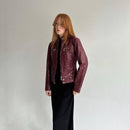 Vinröd eko-läderjacka med dragkedja, smal passform, långa ärmar