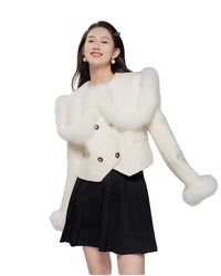 MEELY kort ullkappa med hög midja och slag i rävpäls