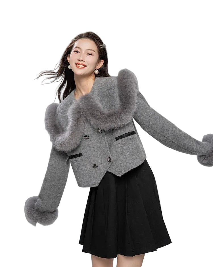 MEELY kort ullkappa med hög midja och slag i rävpäls