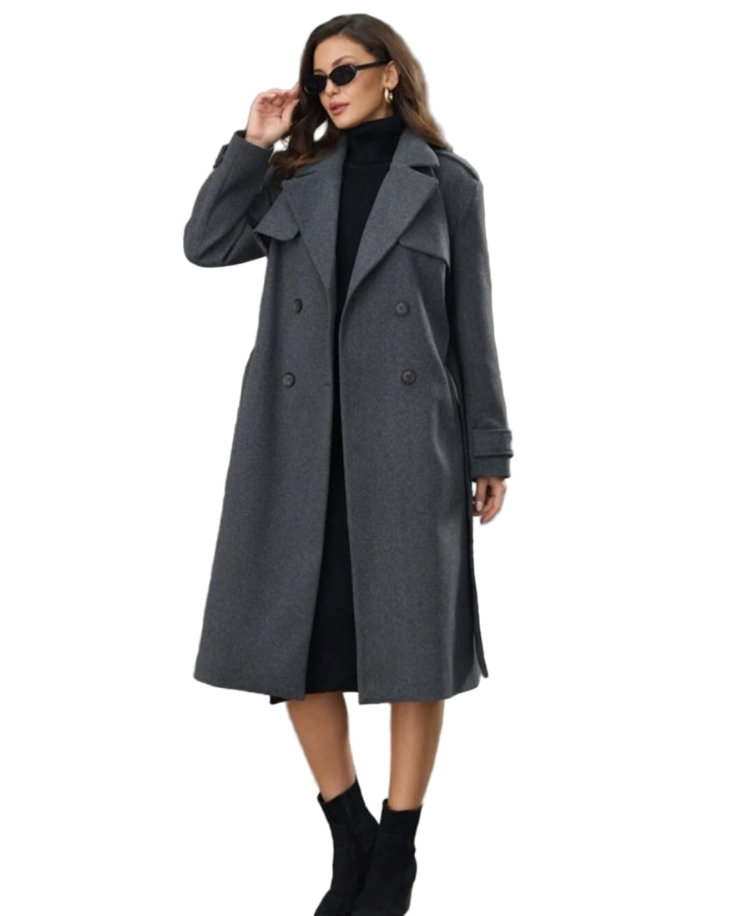 Vivy lång svart kappa med fleece och skärp i midjan