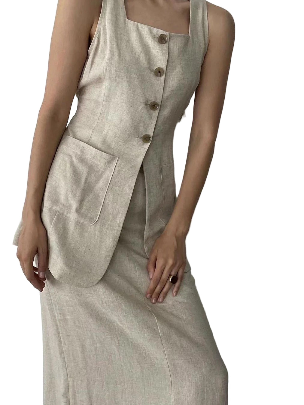 Tvådelad kostym, lång kjol och väst med knappar