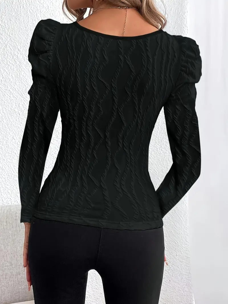 Blus med bubbelärmar och fyrkantig krage, långa ärmar