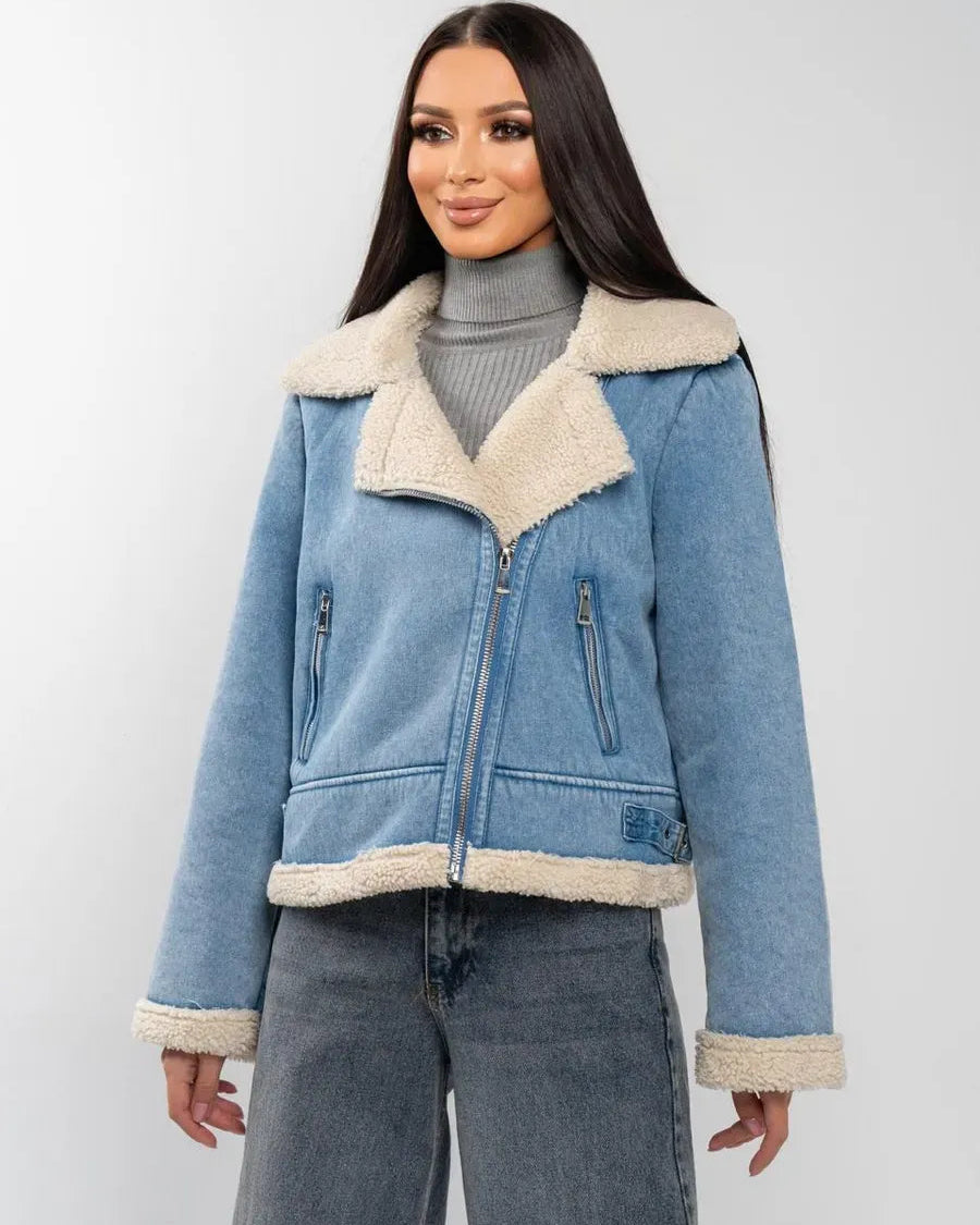 Nalia jeansjacka med dragkedja fram och fleece inuti