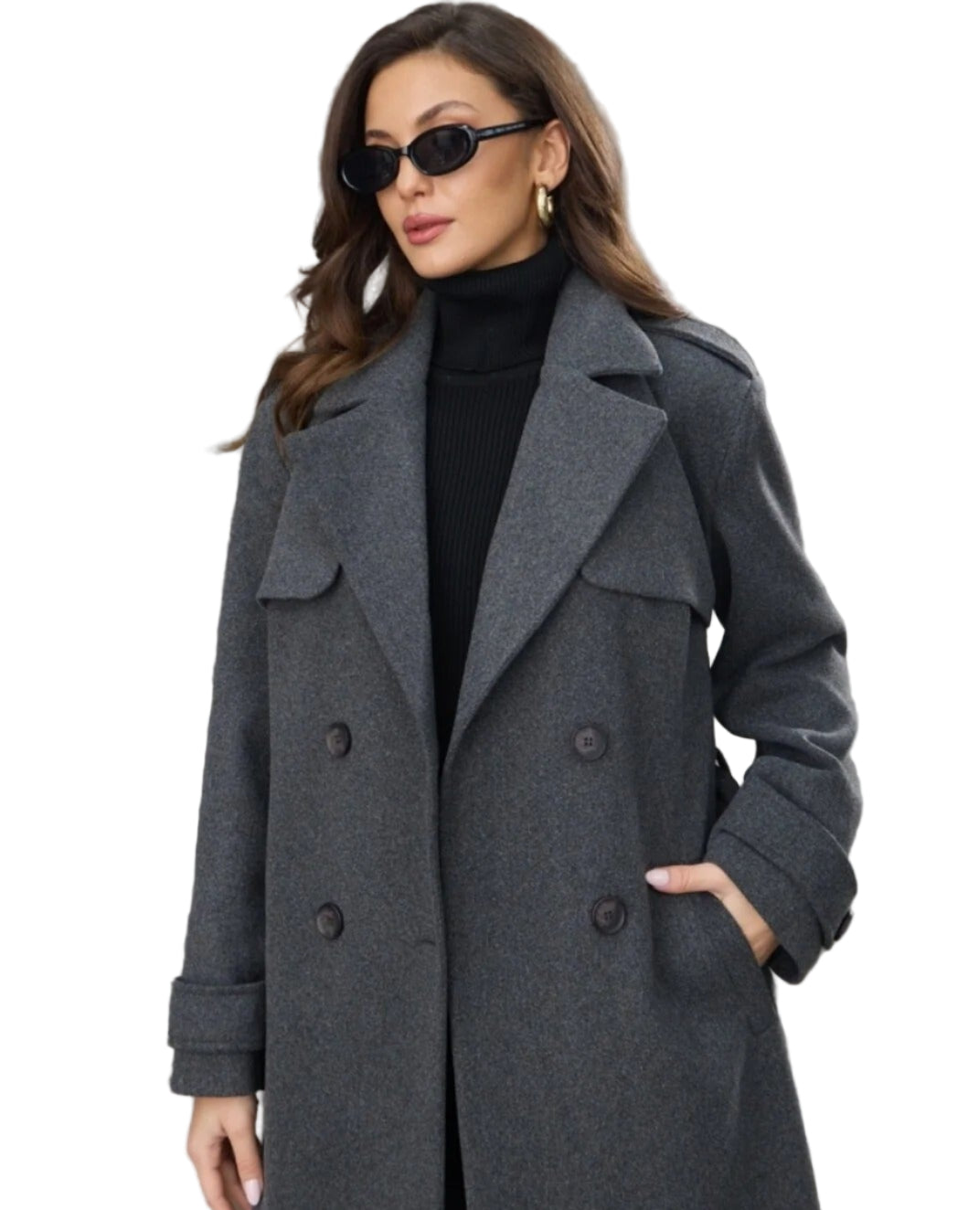 Vivy lång svart kappa med fleece och skärp i midjan