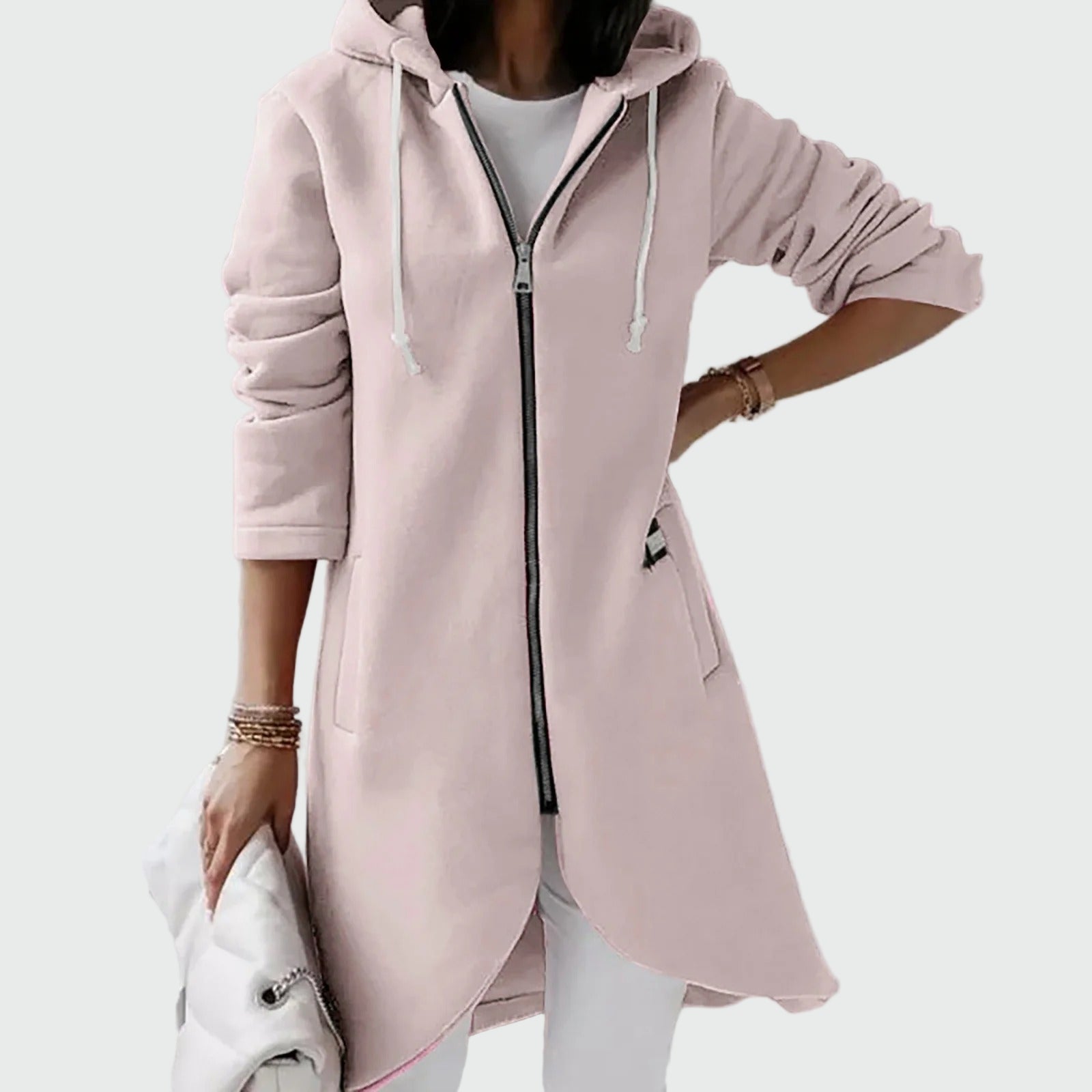 Lång tröja med huva, dragkedja och sammetsfoder