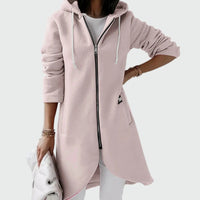 Lång tröja med huva, dragkedja och sammetsfoder