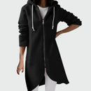 Lång tröja med huva, dragkedja och sammetsfoder