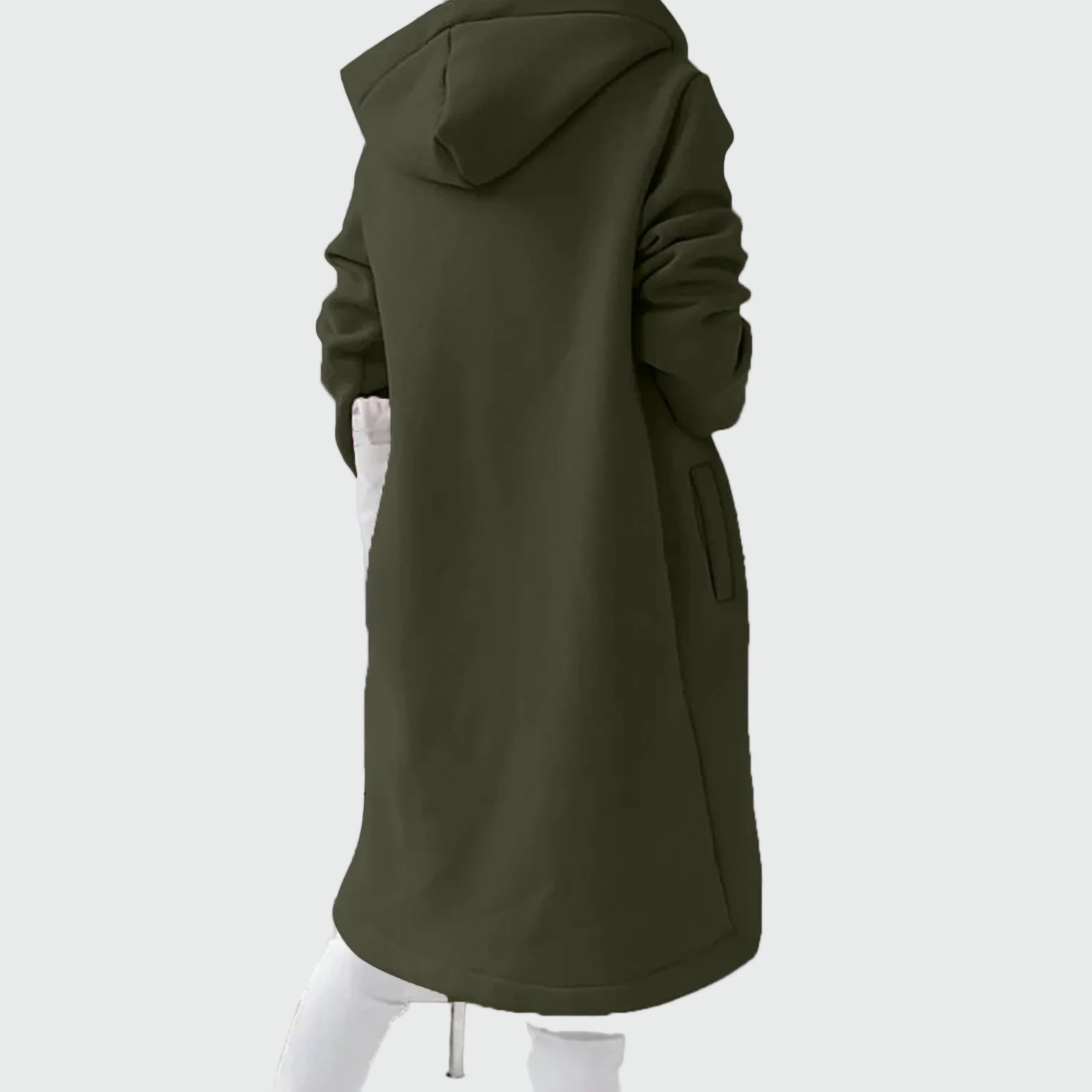 Lång tröja med huva, dragkedja och sammetsfoder