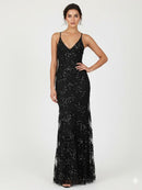 Svart Ala-klänning med V-ringning, axelband, öppen rygg och paljetter